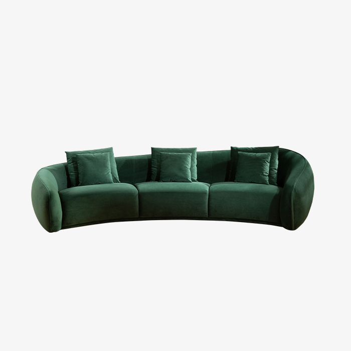 Canapé trois places incurvé moderne en velours vert foncé avec oreillers pour le salon