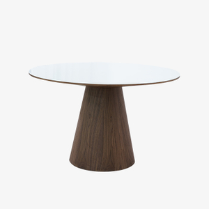 Mid-Century Modern Round Marble Top Dining Table with Walnut Veneer Base for Dining Room