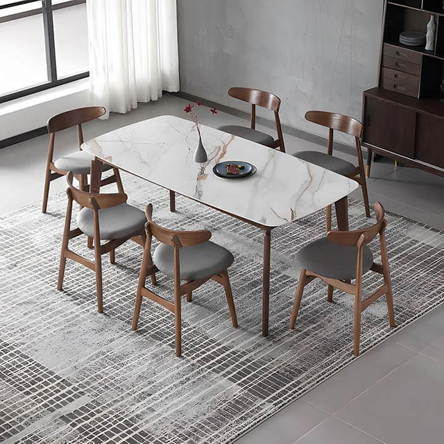 Tables de salle à manger rectangulaires en marbre blanc moderne avec base sur piédestal