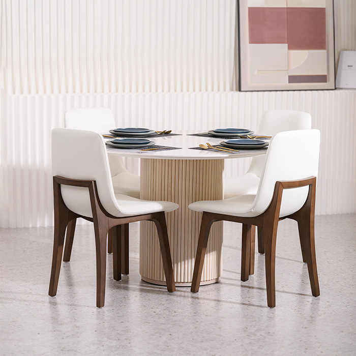 Modern Marble Top Round Dining Table with Wood Pedestal Base for Kitchen Dining Room