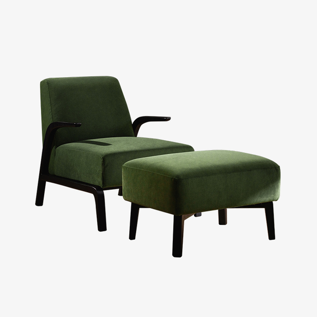 Chaise longue moderne avec accoudoirs en velours vert et repose-pieds