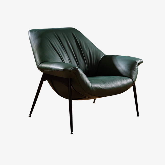 Fauteuil en cuir vintage, chaise longue rembourrée avec pieds en métal 