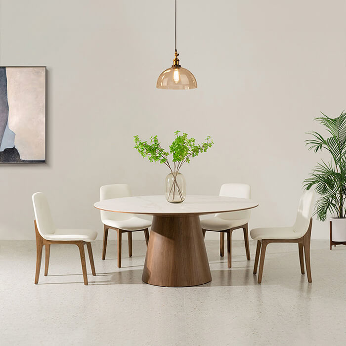 Mid-Century Modern Round Marble Top Dining Table with Walnut Veneer Base for Dining Room