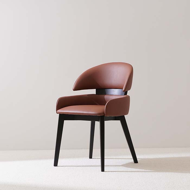 Modern Brown Leather Upholstered Wingback Dining Chair with Wood Legs