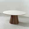 Mid-Century Modern Round Marble Top Dining Table with Walnut Veneer Base for Dining Room