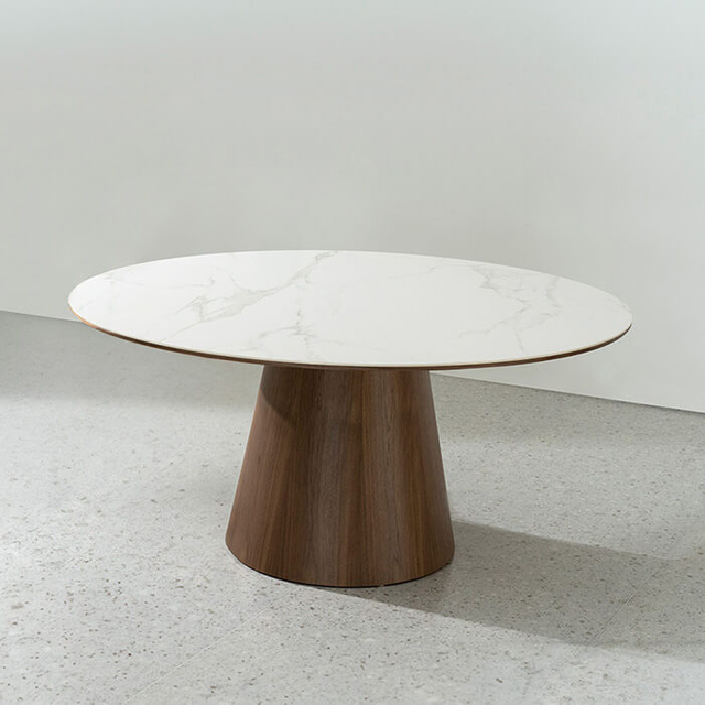 Table de salle à manger ronde moderne du milieu du siècle avec plateau en marbre et base en placage de noyer pour salle à manger