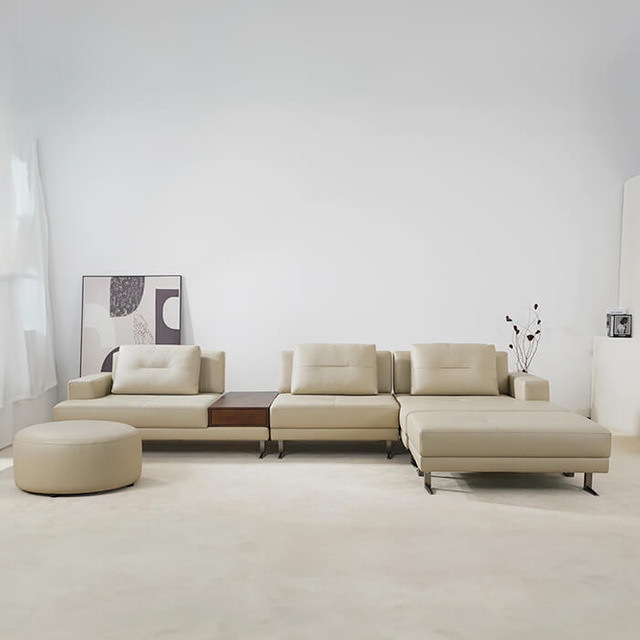 Canapé-lit modulaire sectionnel en cuir de luxe en forme de L avec pouf pour le salon