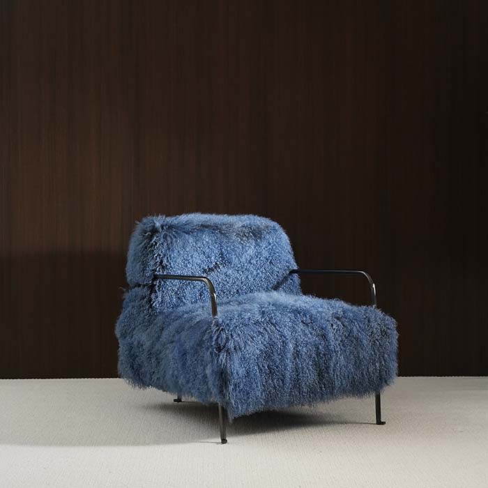 Luxury Blue Wool Accent Chair Single Armchair with Metal Frame