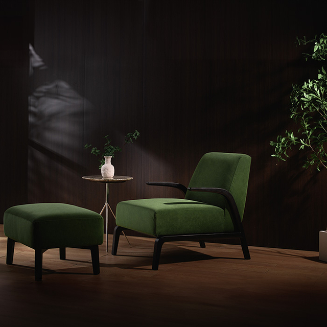 Modern Green Velvet Arm Lounge Chair with Ottoman