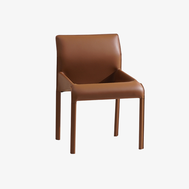 Italian Minimalist Saddle Leather Upholstered Curved Backrest Dining Chair