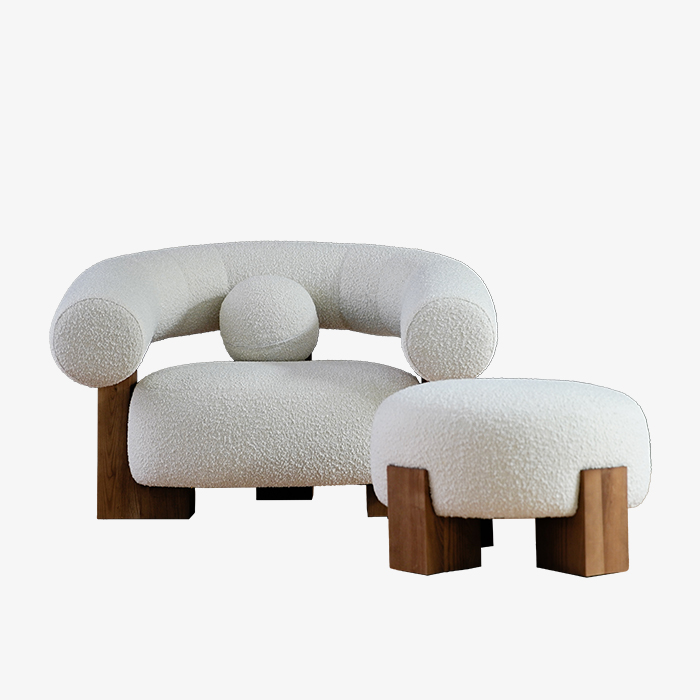 Modern Teddy Fleece Upholstered Armchair with Ottoman 