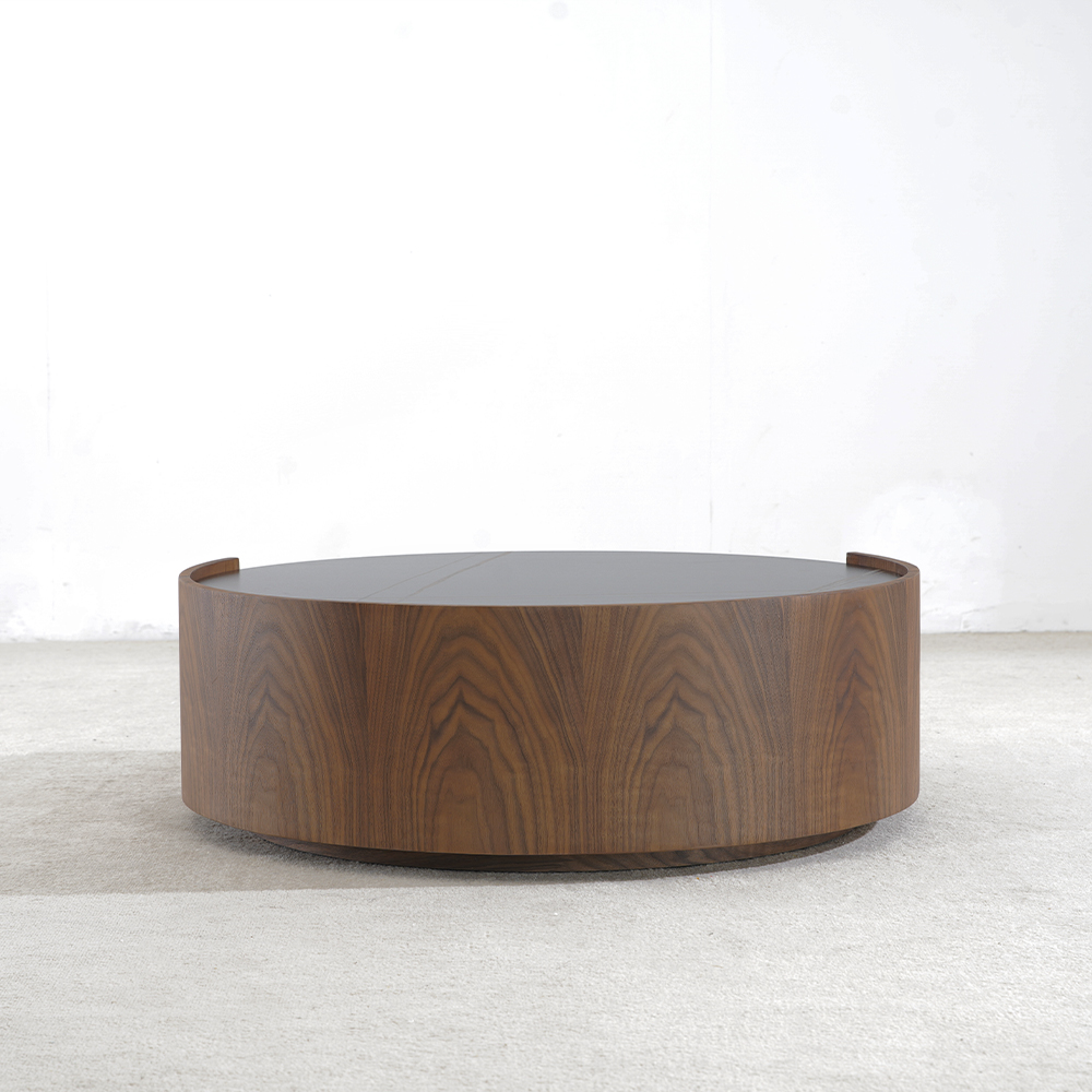 Table basse ronde mi-moderne en noyer pour le salon