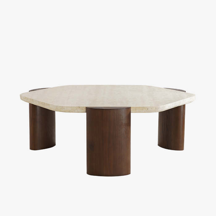 Table basse en travertin naturel avec pieds en bois de noyer
