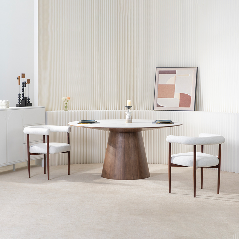 Table à manger ronde moderne avec plateau en marbre et base en placage de noyer pour salle à manger