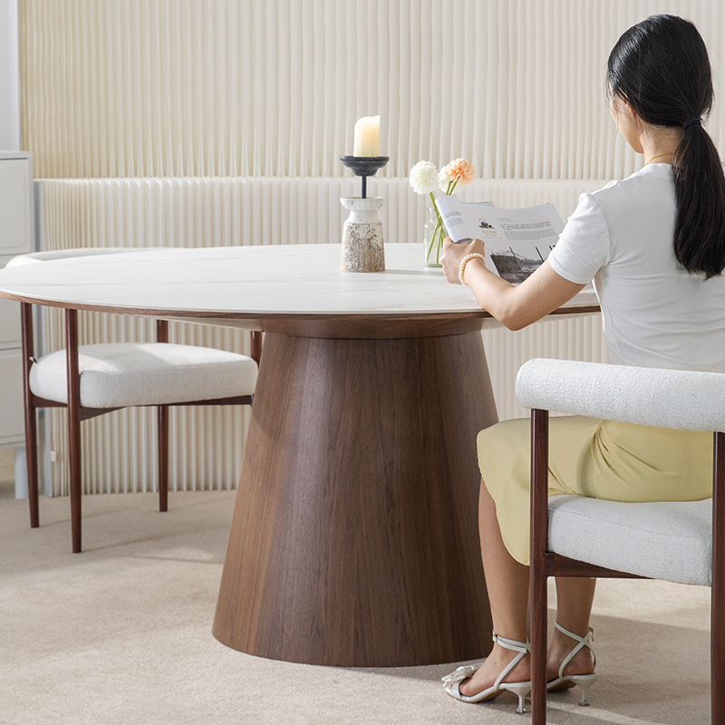 Table à manger ronde moderne avec plateau en marbre et base en placage de noyer pour salle à manger