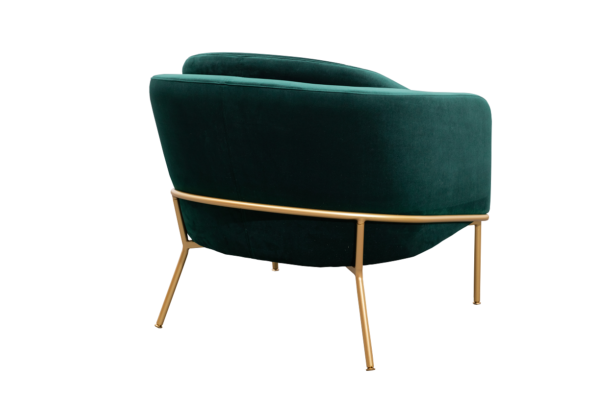 Fauteuil de chaise longue contemporain rembourré en velours vert avec pieds dorés