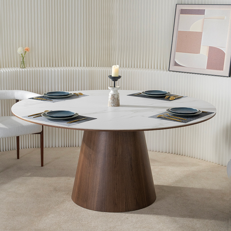 Table à manger ronde moderne avec plateau en marbre et base en placage de noyer pour salle à manger